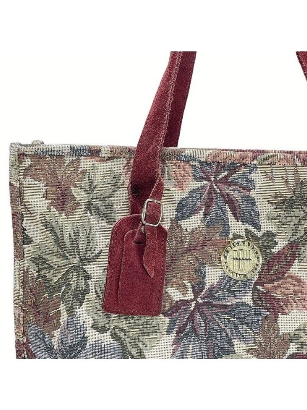 Ricardo Beverly Hills Tapestry Tote Bag With Suede Trim Leaf Pattern Zipper Top - Picture 13 of 16
